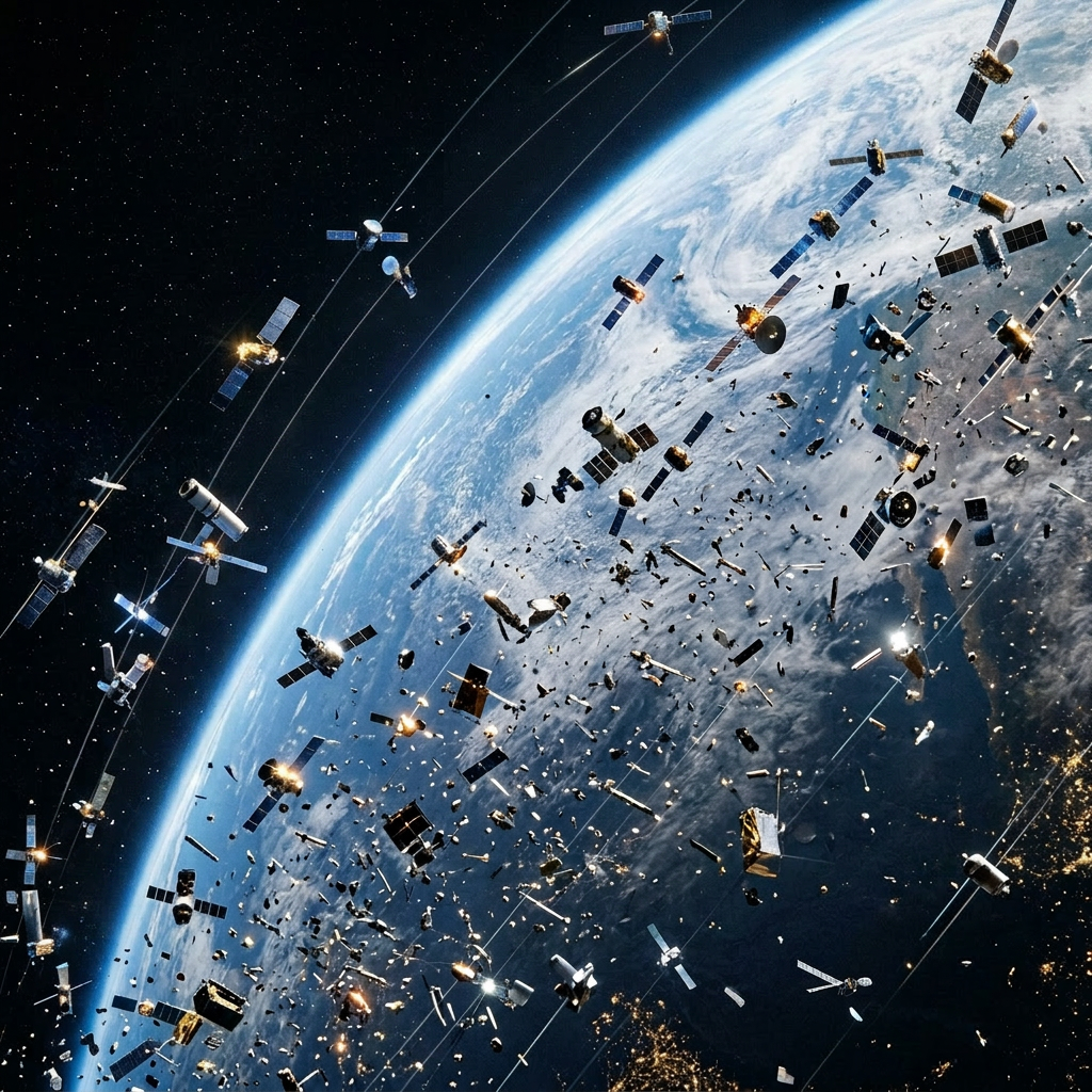 Numerous satellites and fragments of space debris orbiting Earth in outer space.