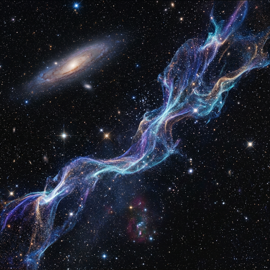Colorful interstellar dust streams with stars and a spiral galaxy in deep space