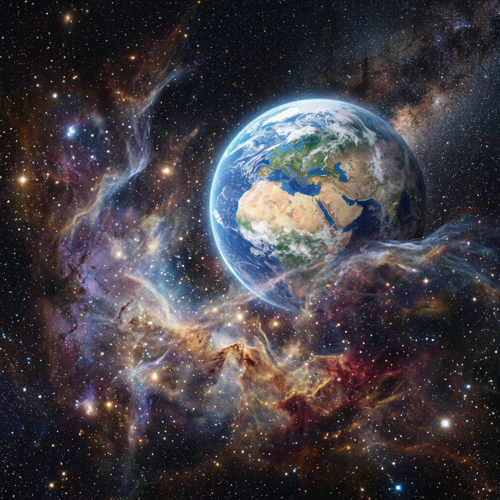 Earth with visible continents surrounded by colorful nebula and numerous stars in space