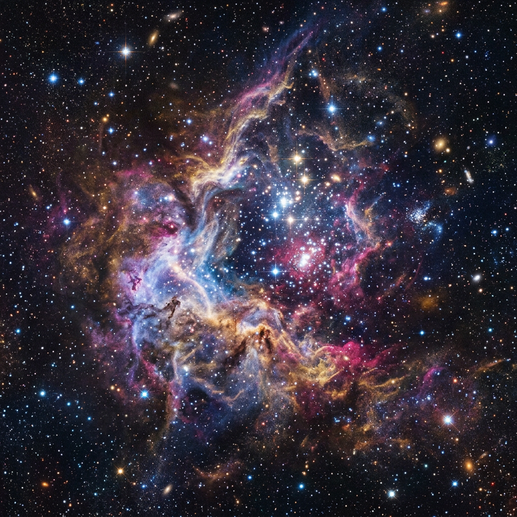A colorful nebula with bright stars and swirling gas clouds in space