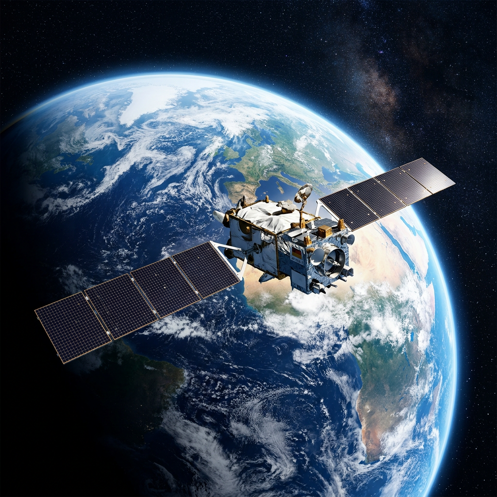 Satellite orbiting Earth with Europe and Africa visible below