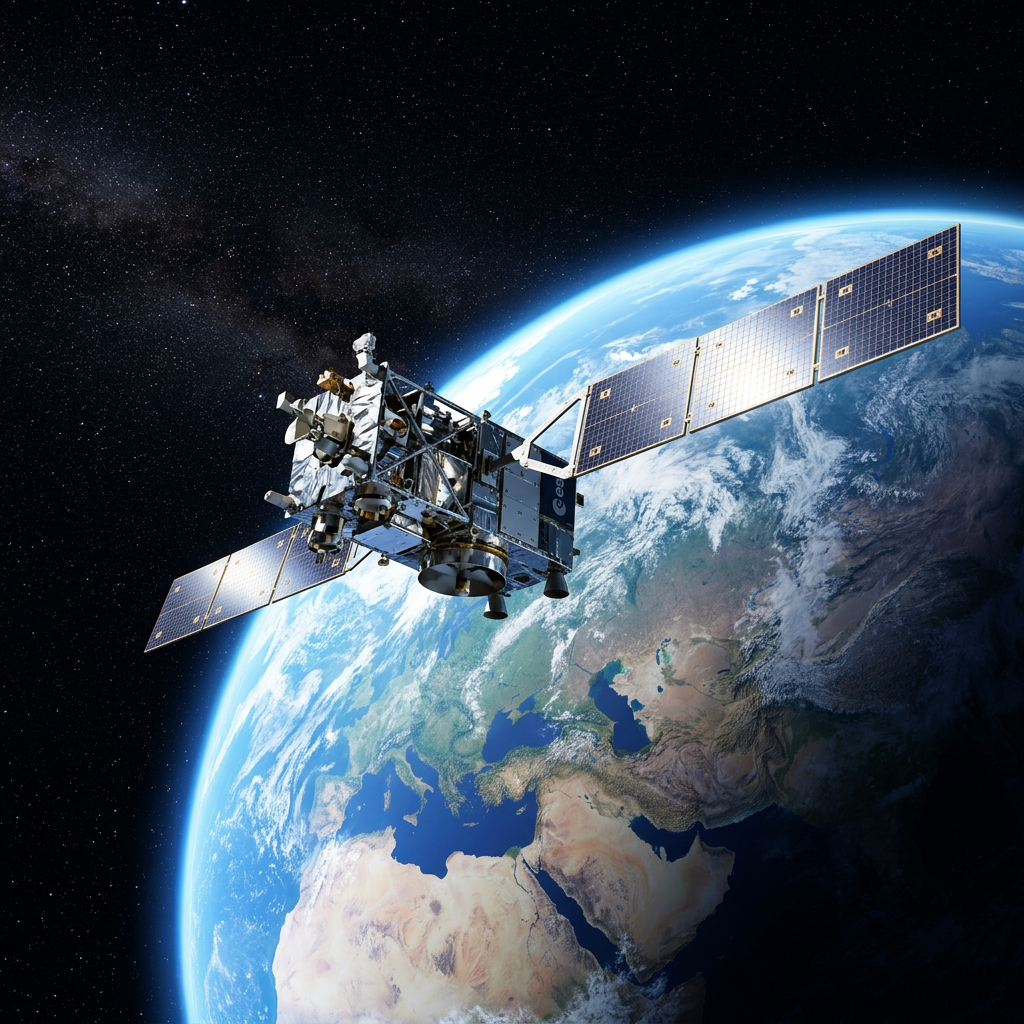 Satellite with solar panels orbiting above Earth and star-filled space
